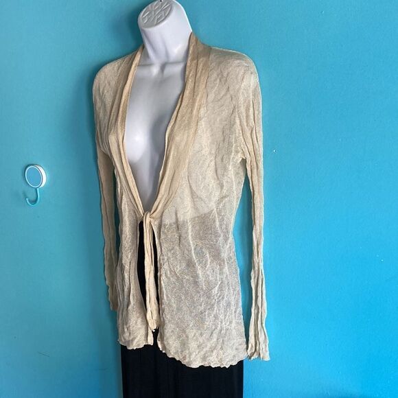 Bibelot Lightweight Gold Metallic Womens Cardigan Size S Tie Front Summer Layer - Picture 2 of 10